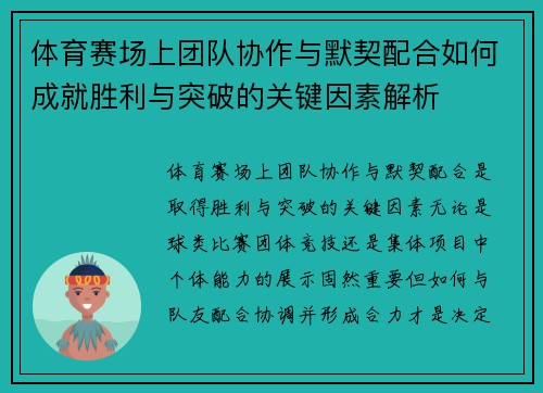 体育赛场上团队协作与默契配合如何成就胜利与突破的关键因素解析